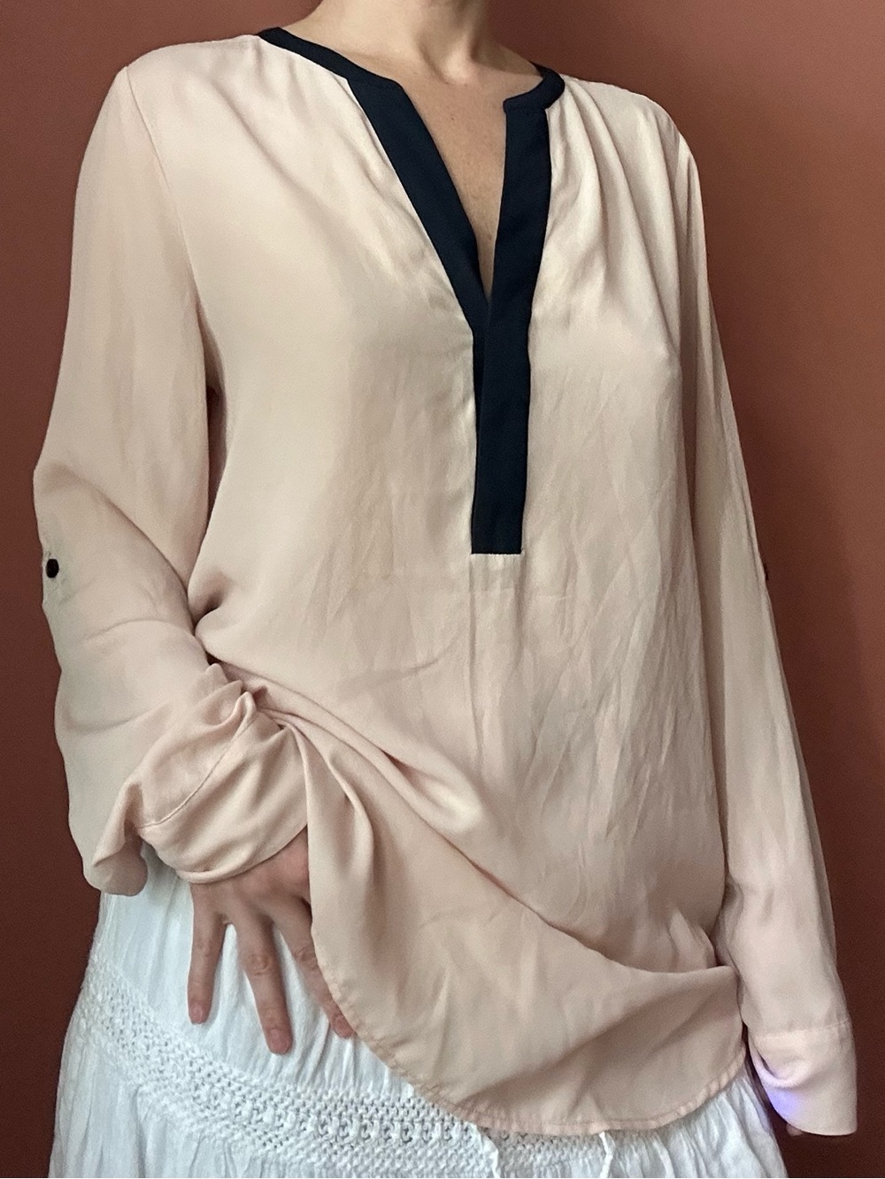 Vince Camuto Blush Pink Blouse with Navy Trim